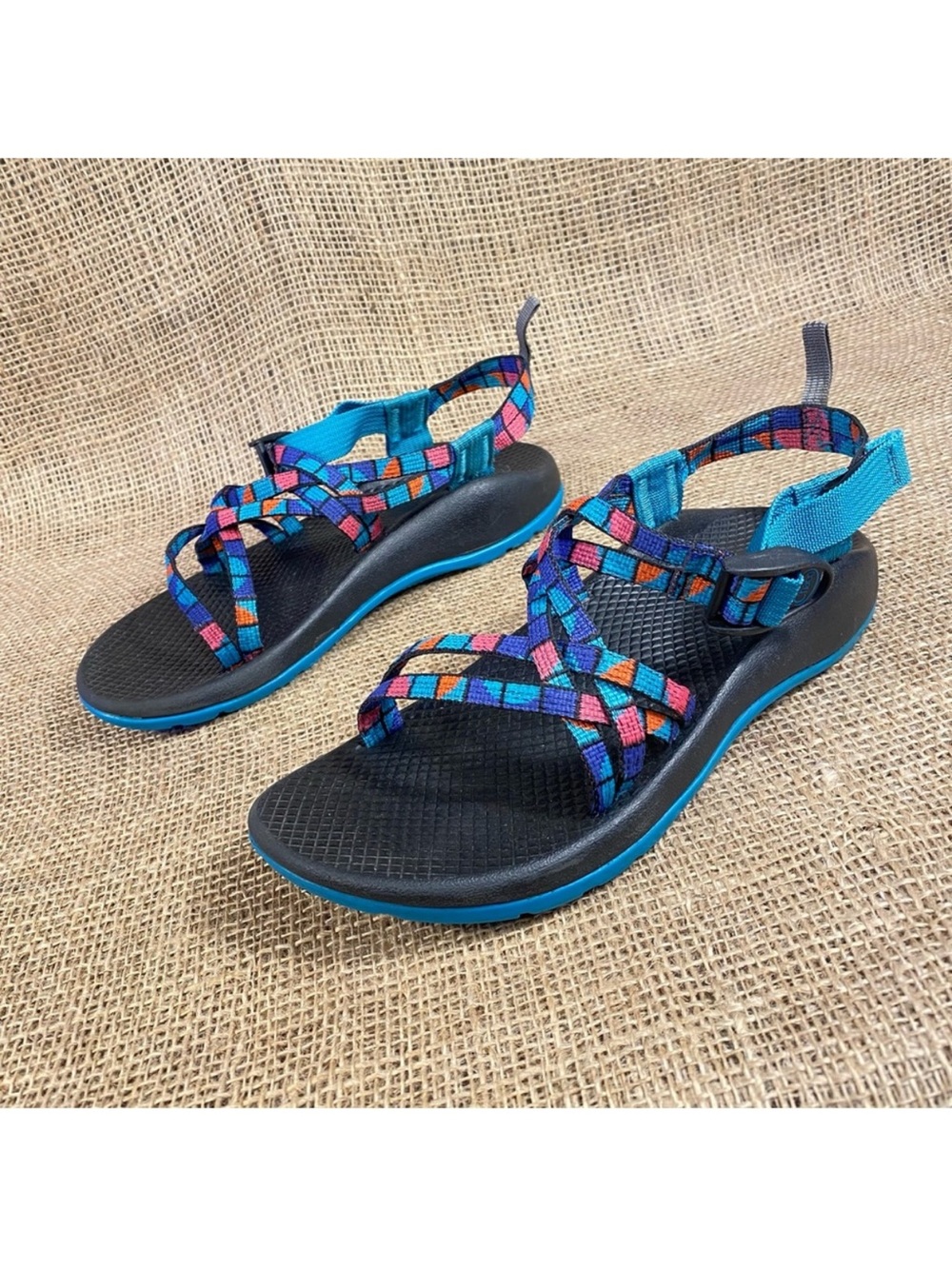 Chaco Women's Black Sandals with Turquoise Trim & Multicolor Woven Straps